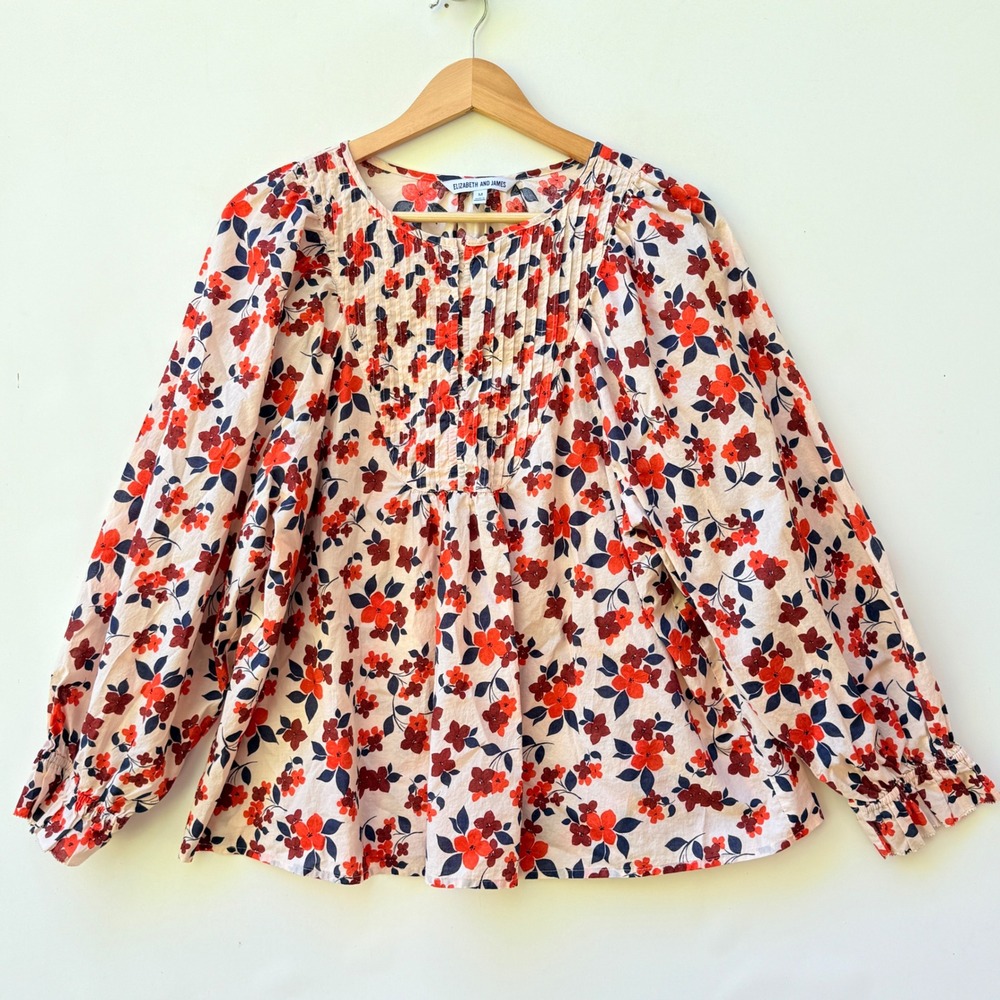 Elizabeth and James Top Women Medium Cottagecore‎ Red Floral Long Sleeve Pintuck